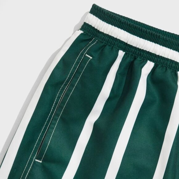 Green Vacation Style Striped Men's Swim Trunks - Picture 5 of 6